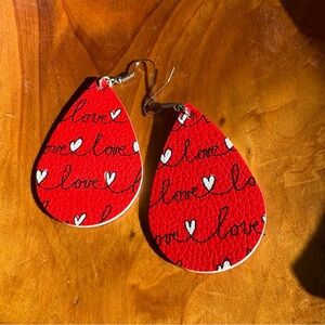 Valentine’s Day Red Teardrop 'Love' Print Leather Earrings